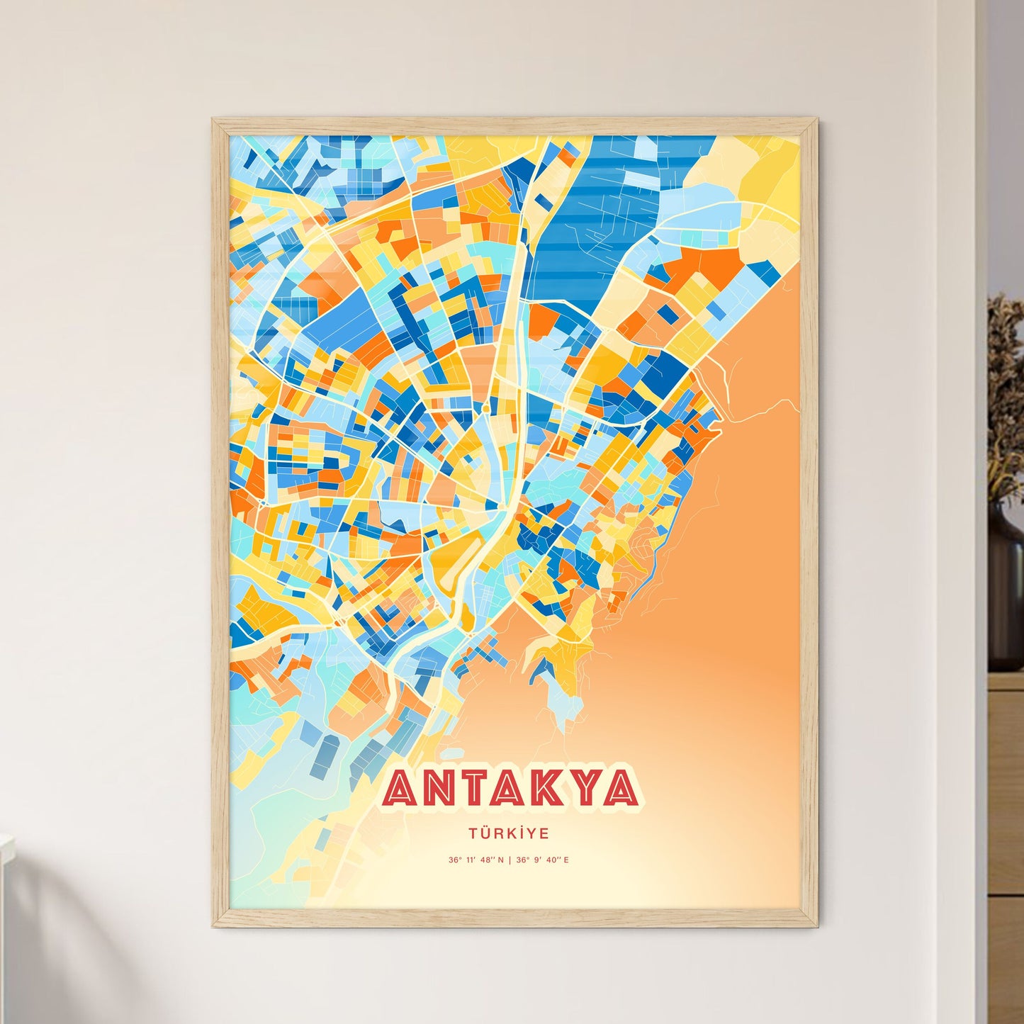 Colorful ANTAKYA TURKEY Fine Art Map Blue Orange