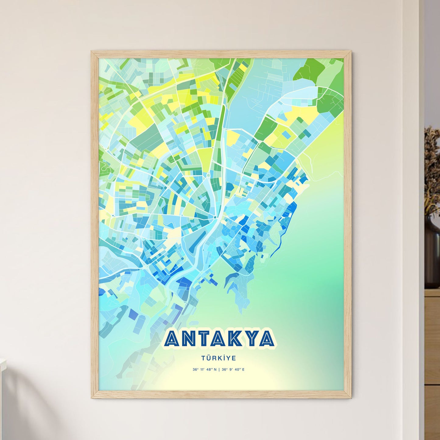 Colorful ANTAKYA TURKEY Fine Art Map Cool Blue