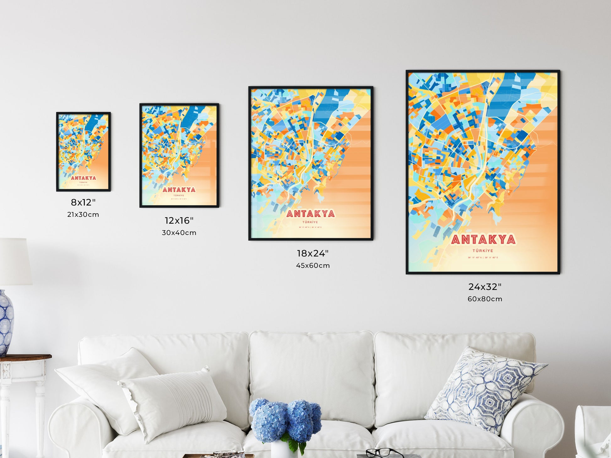 Colorful ANTAKYA TURKEY Fine Art Map Blue Orange