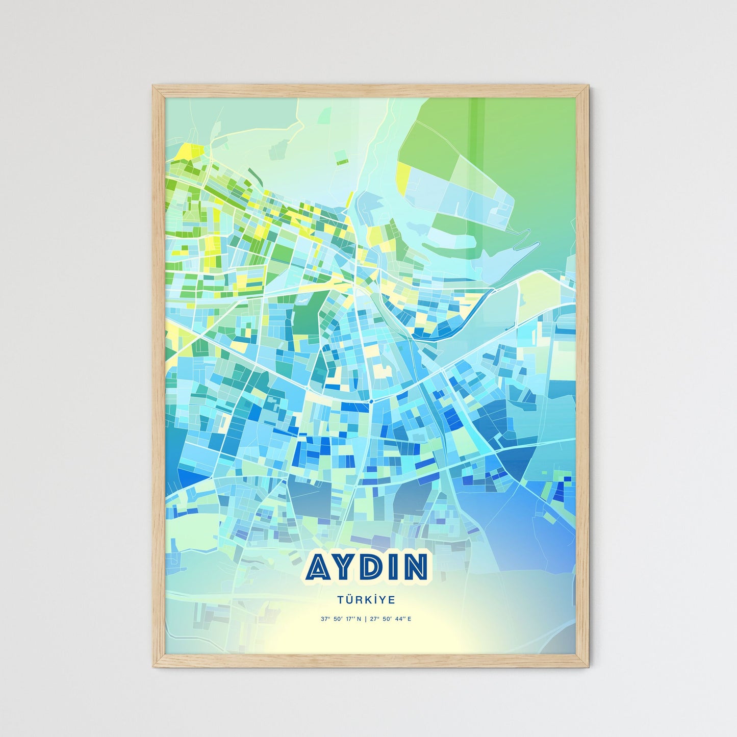 Colorful AYDIN TURKEY Fine Art Map Cool Blue