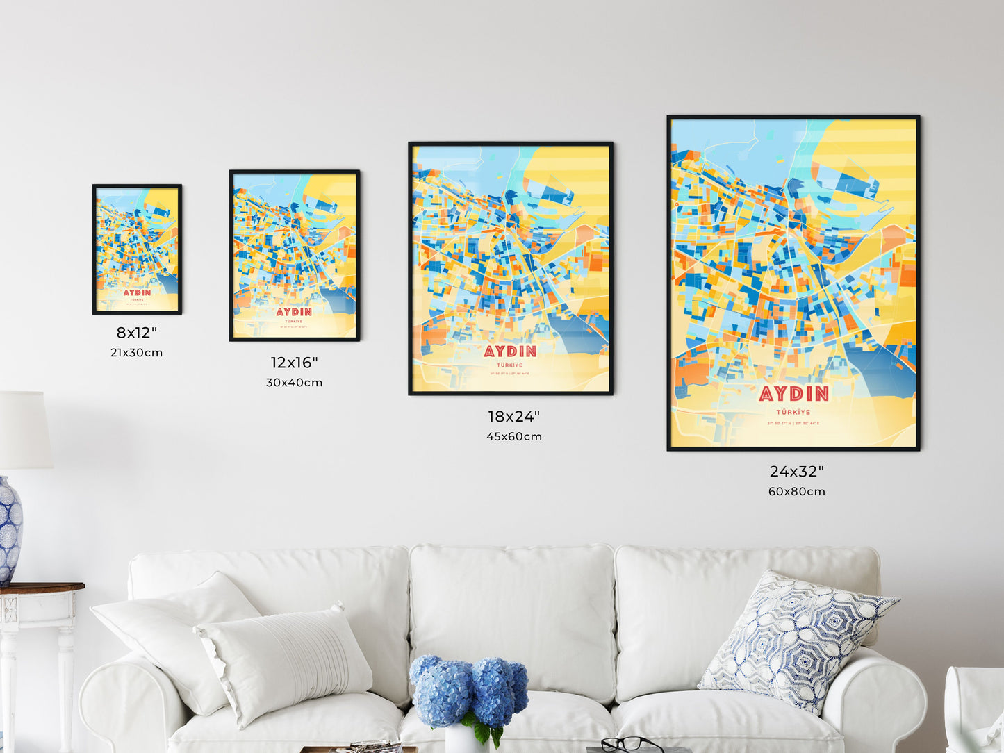 Colorful AYDIN TURKEY Fine Art Map Blue Orange