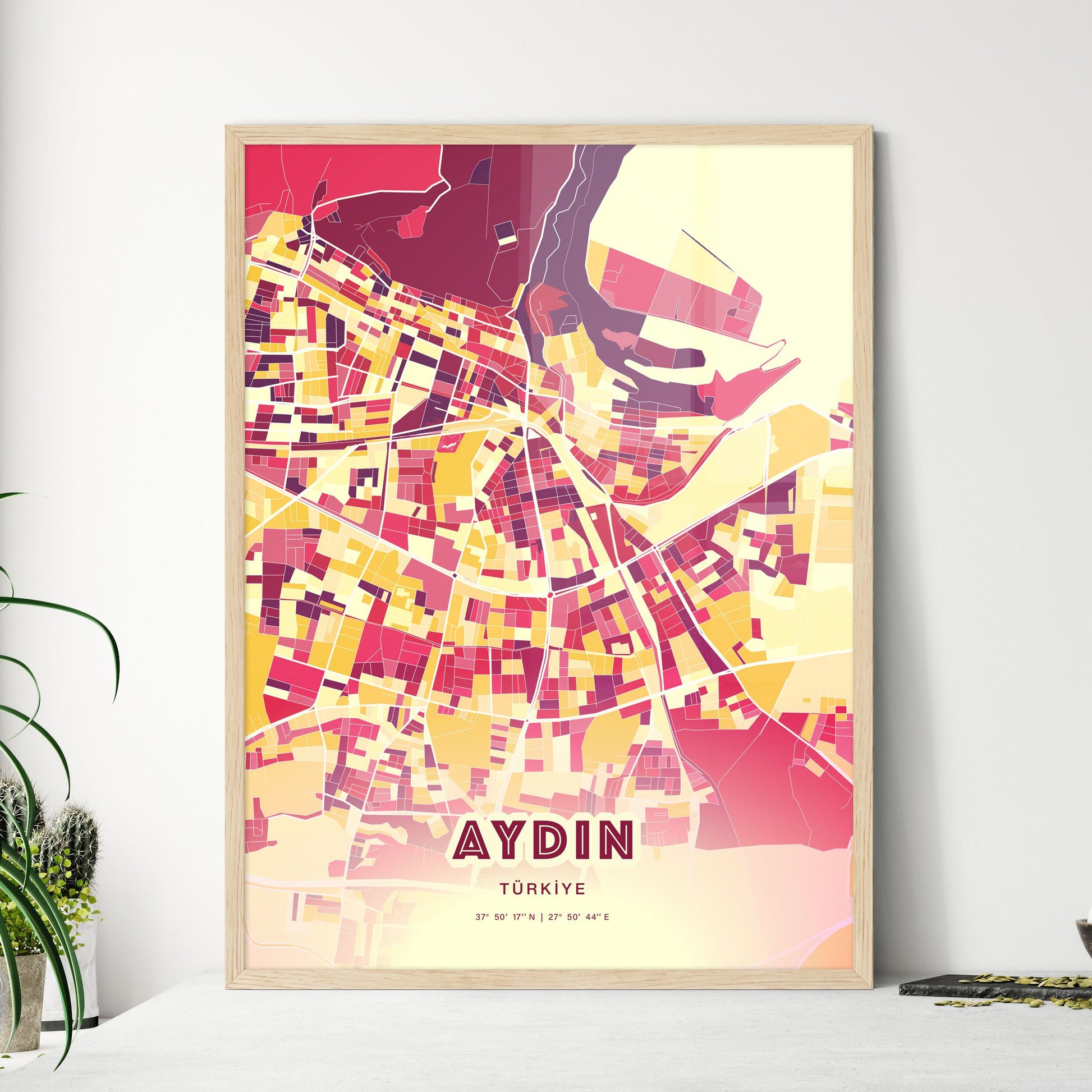 Colorful AYDIN TURKEY Fine Art Map Hot Red