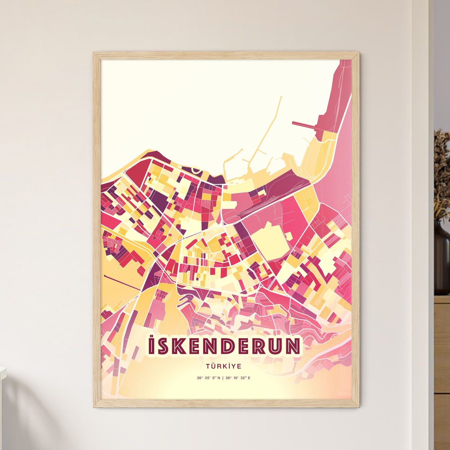 Colorful İSKENDERUN TURKEY Fine Art Map Hot Red