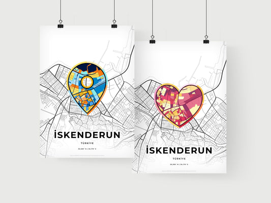İSKENDERUN TURKEY minimal art map with a colorful icon. Where it all began, Couple map gift.