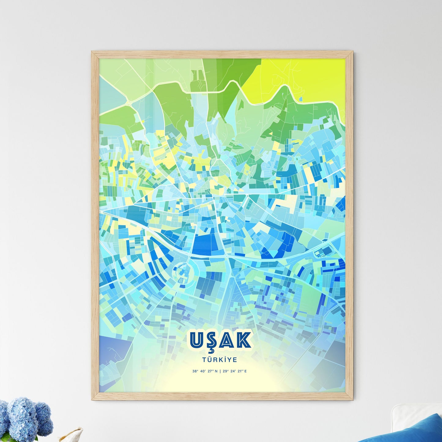 Colorful UŞAK TURKEY Fine Art Map Cool Blue