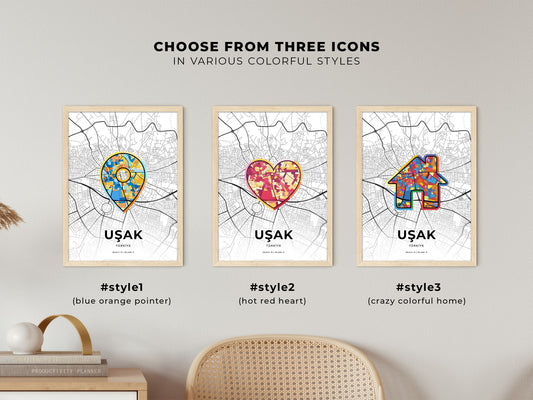 Uşak Turkey maps with colorful icons