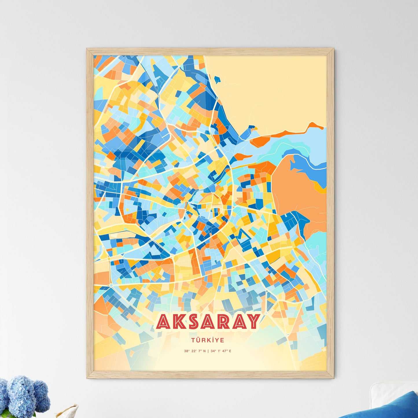 Colorful AKSARAY TURKEY Fine Art Map Blue Orange