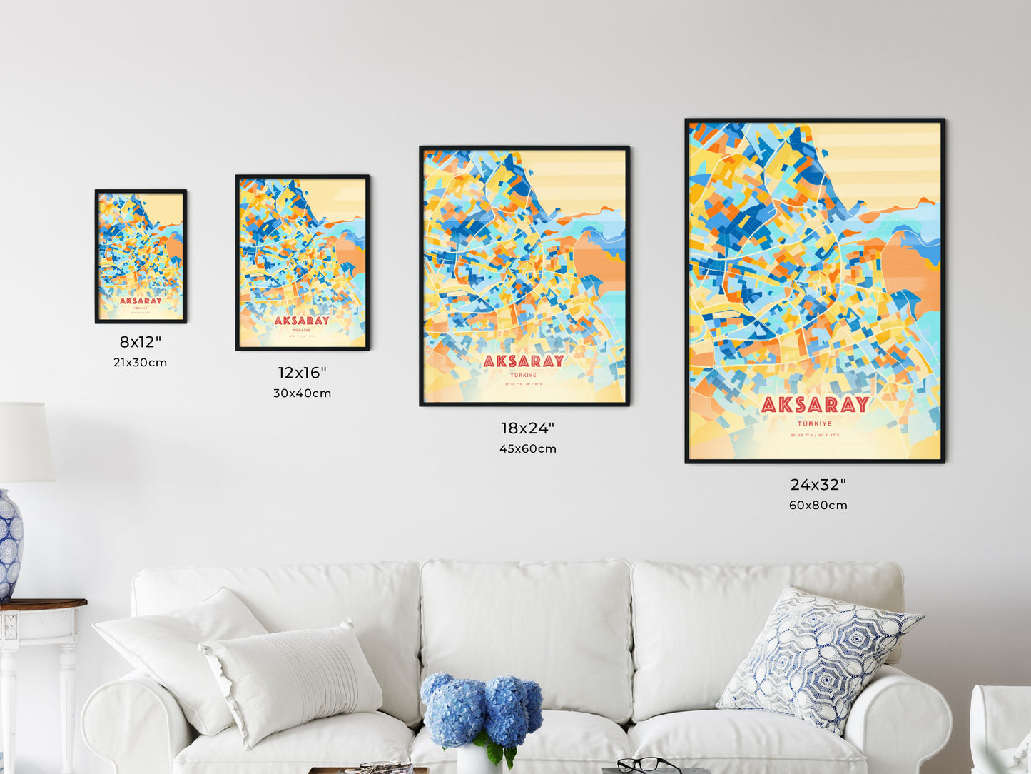 Colorful AKSARAY TURKEY Fine Art Map Blue Orange