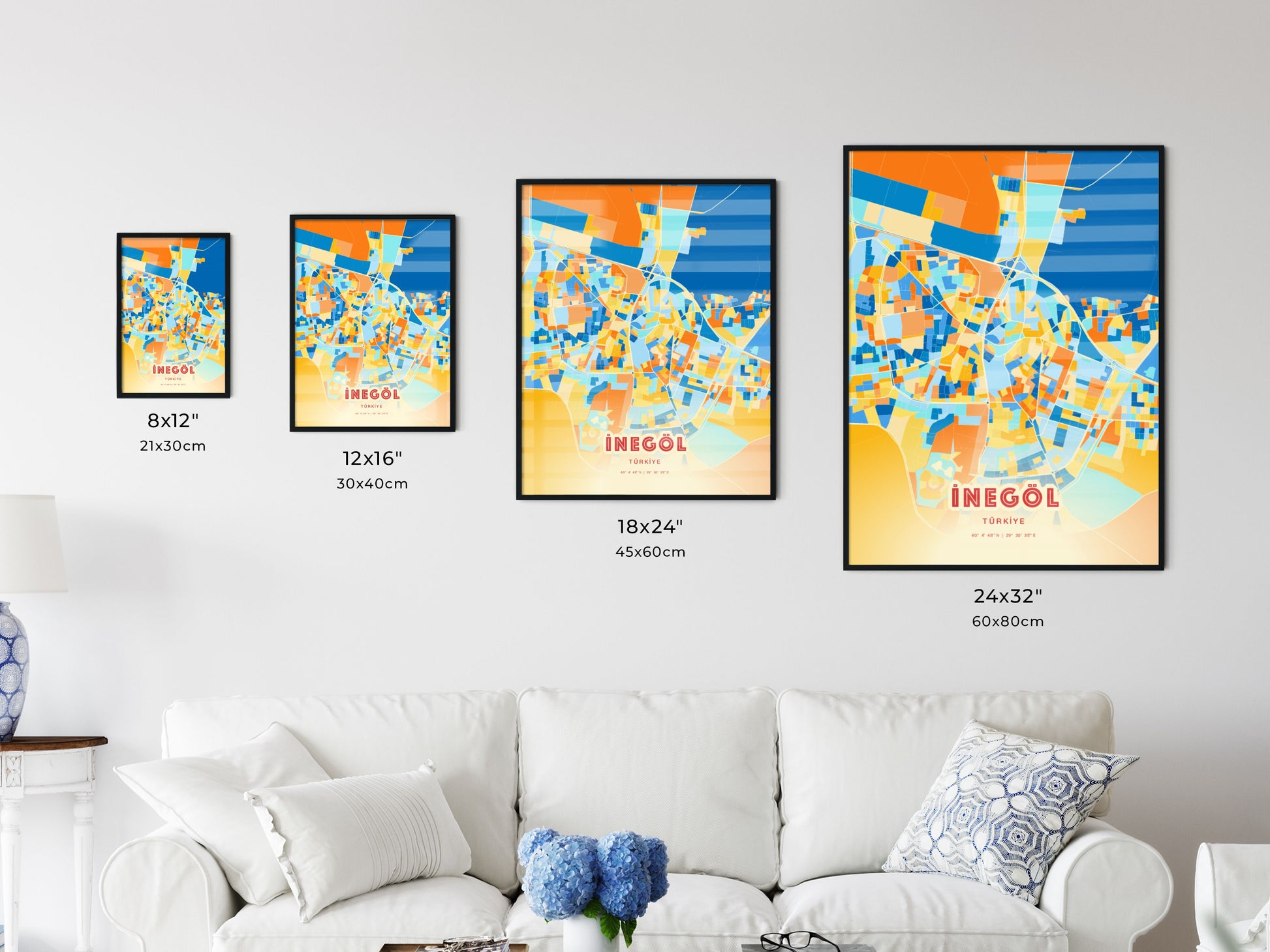 Colorful İNEGÖL TURKEY Fine Art Map Blue Orange