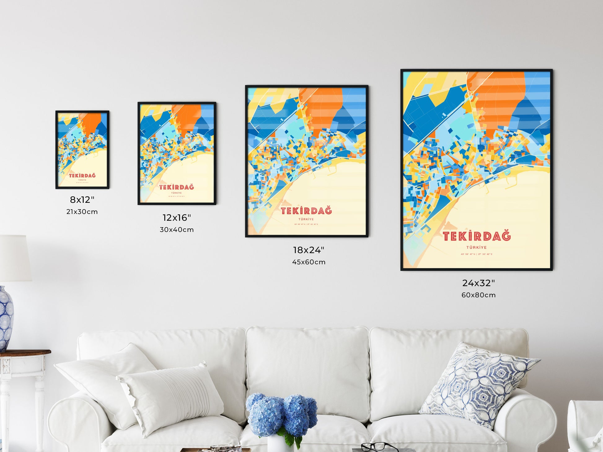 Colorful TEKIRDAĞ TURKEY Fine Art Map Blue Orange