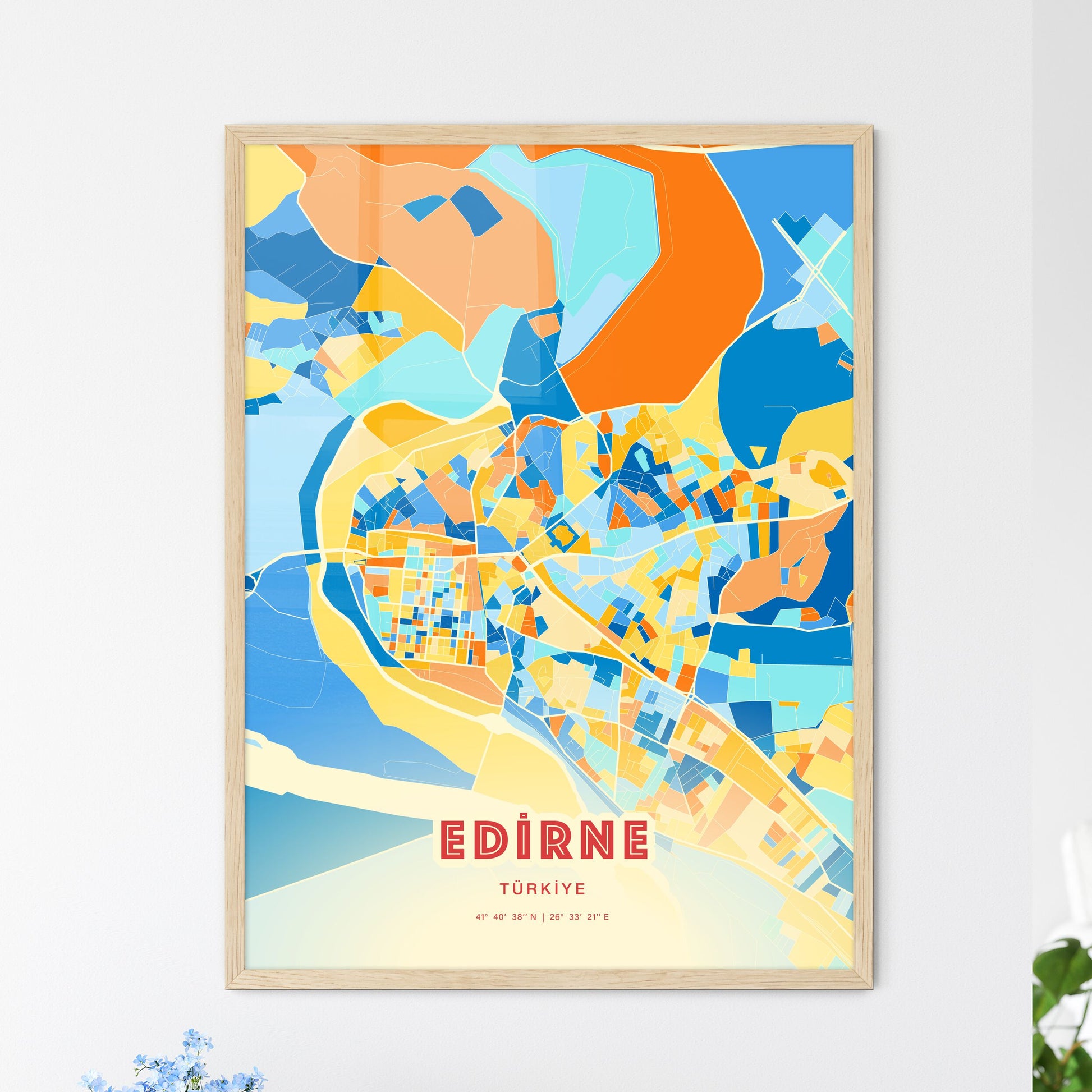 Colorful EDIRNE TURKEY Fine Art Map Blue Orange