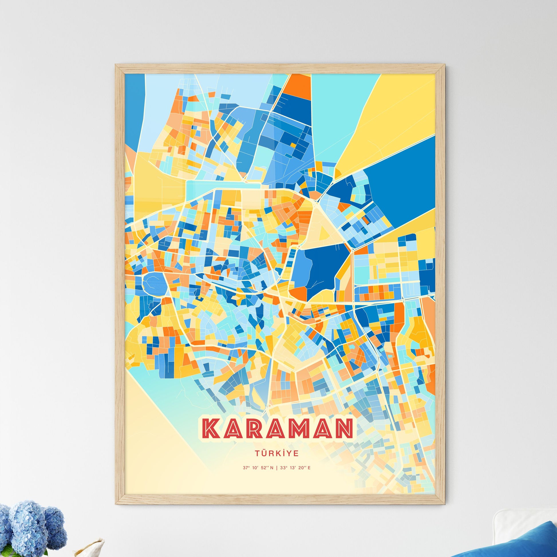 Colorful KARAMAN TURKEY Fine Art Map Blue Orange