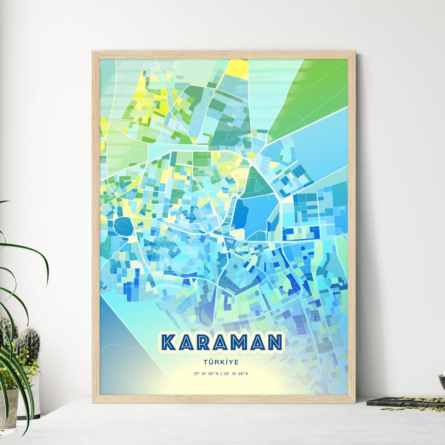 Colorful KARAMAN TURKEY Fine Art Map Cool Blue