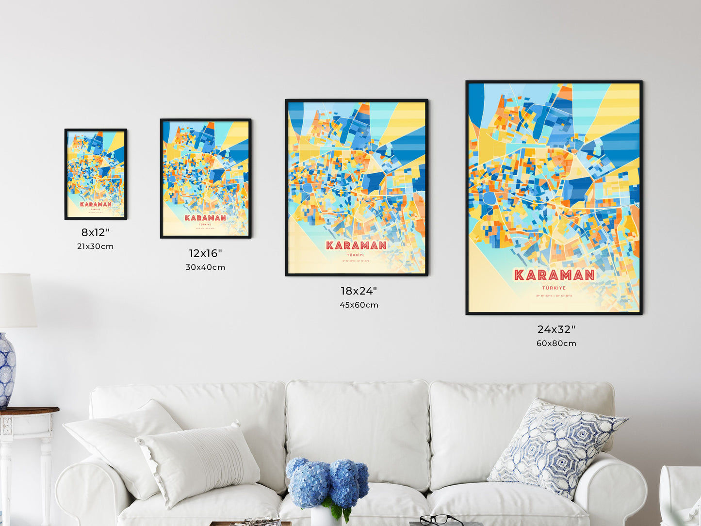 Colorful KARAMAN TURKEY Fine Art Map Blue Orange