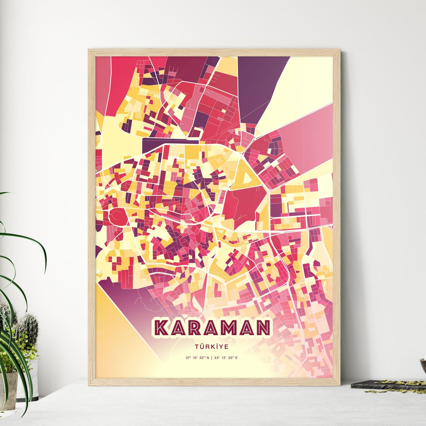 Colorful KARAMAN TURKEY Fine Art Map Hot Red