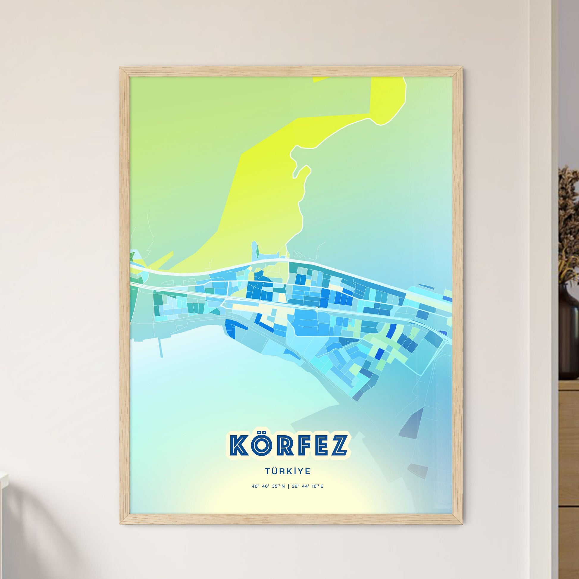 Colorful KÖRFEZ TURKEY Fine Art Map Cool Blue