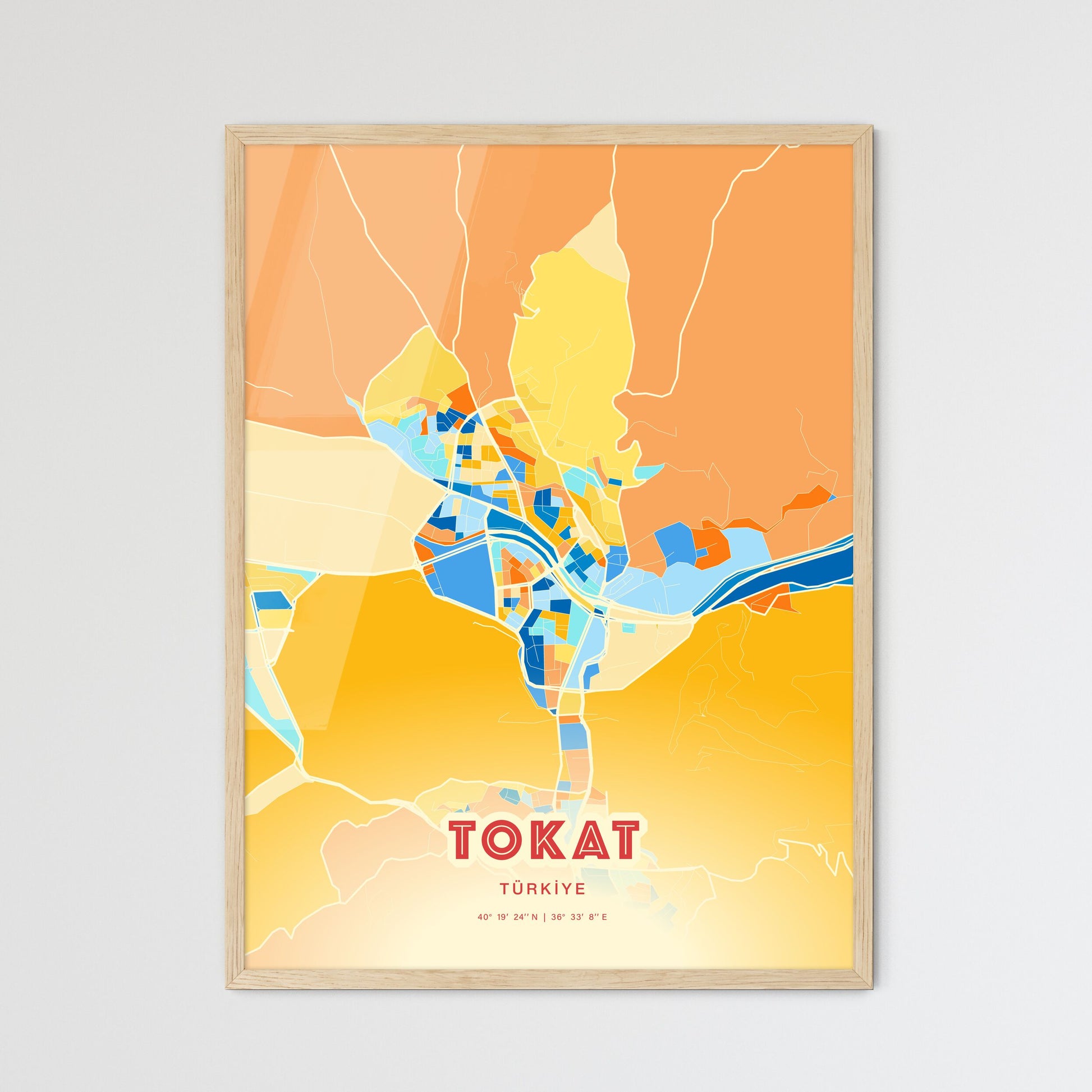 Colorful TOKAT TURKEY Fine Art Map Blue Orange