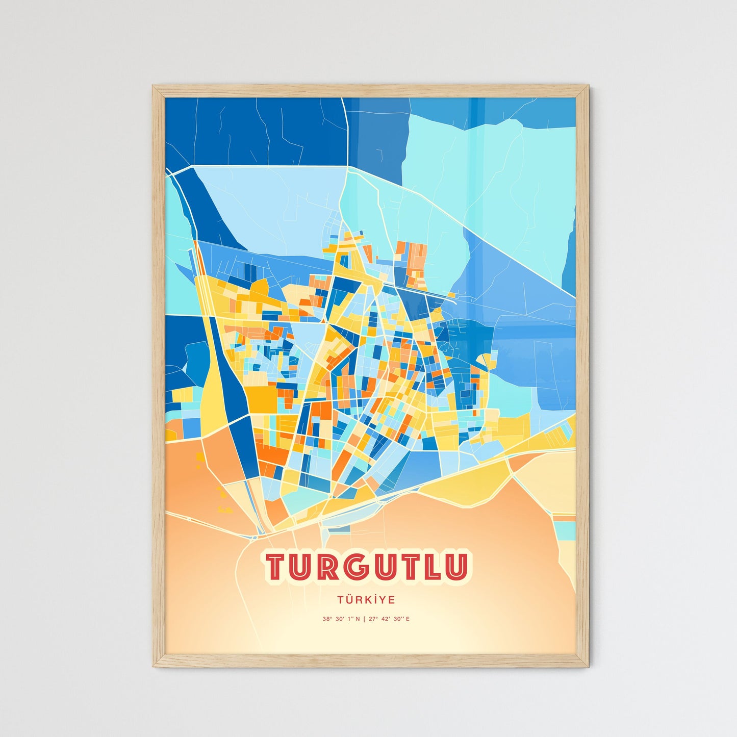 Colorful TURGUTLU TURKEY Fine Art Map Blue Orange