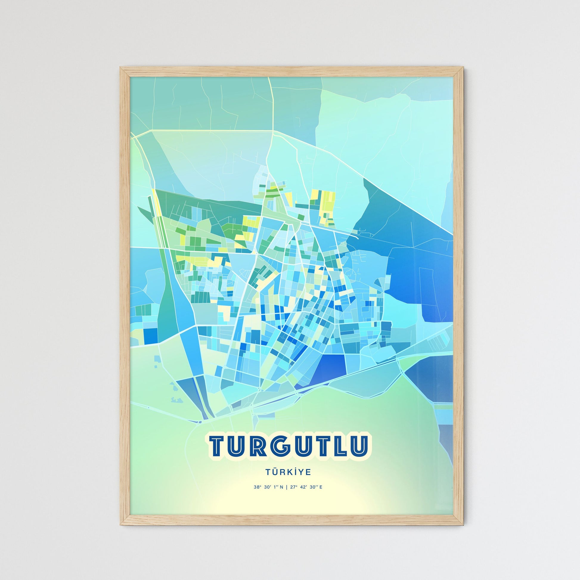 Colorful TURGUTLU TURKEY Fine Art Map Cool Blue