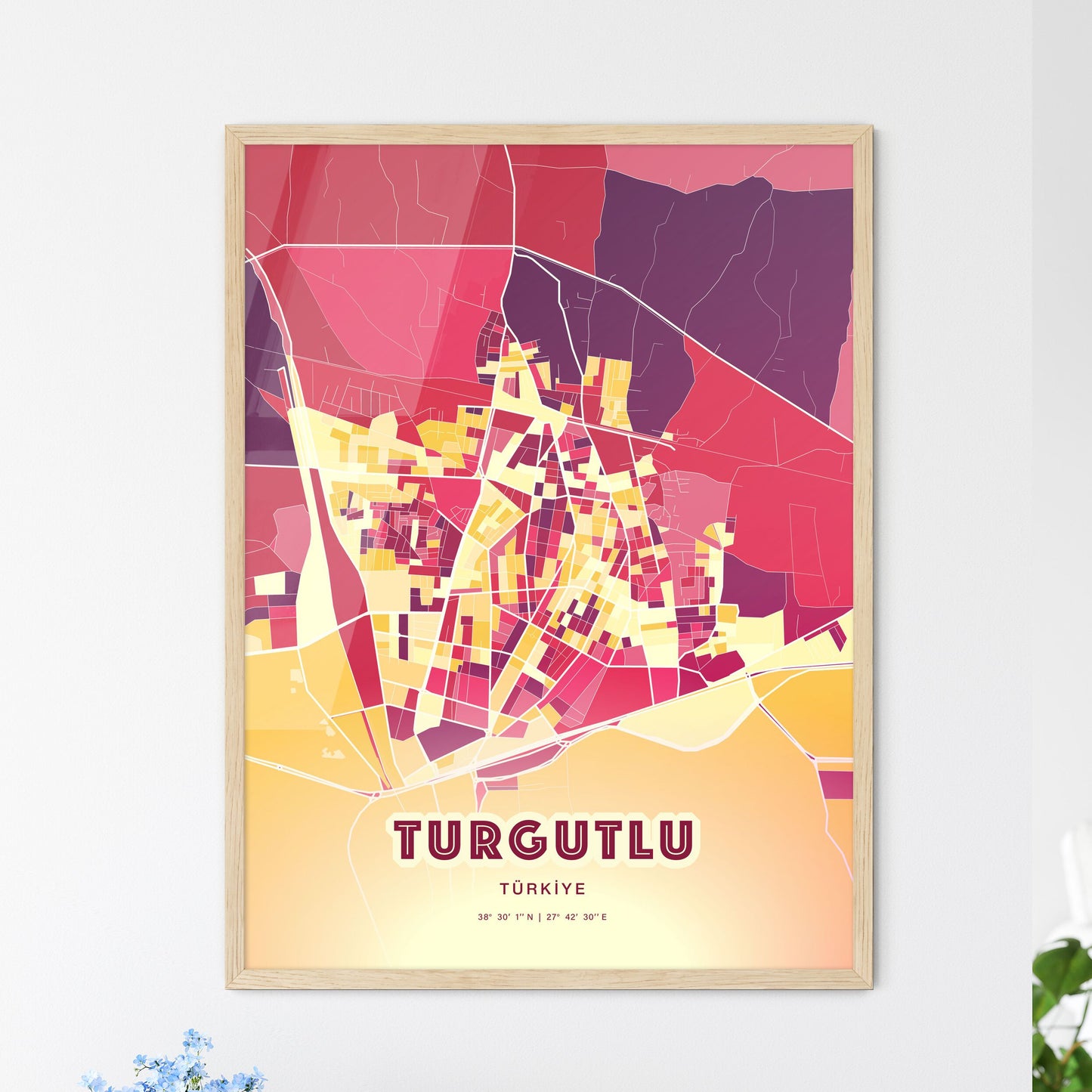 Colorful TURGUTLU TURKEY Fine Art Map Hot Red