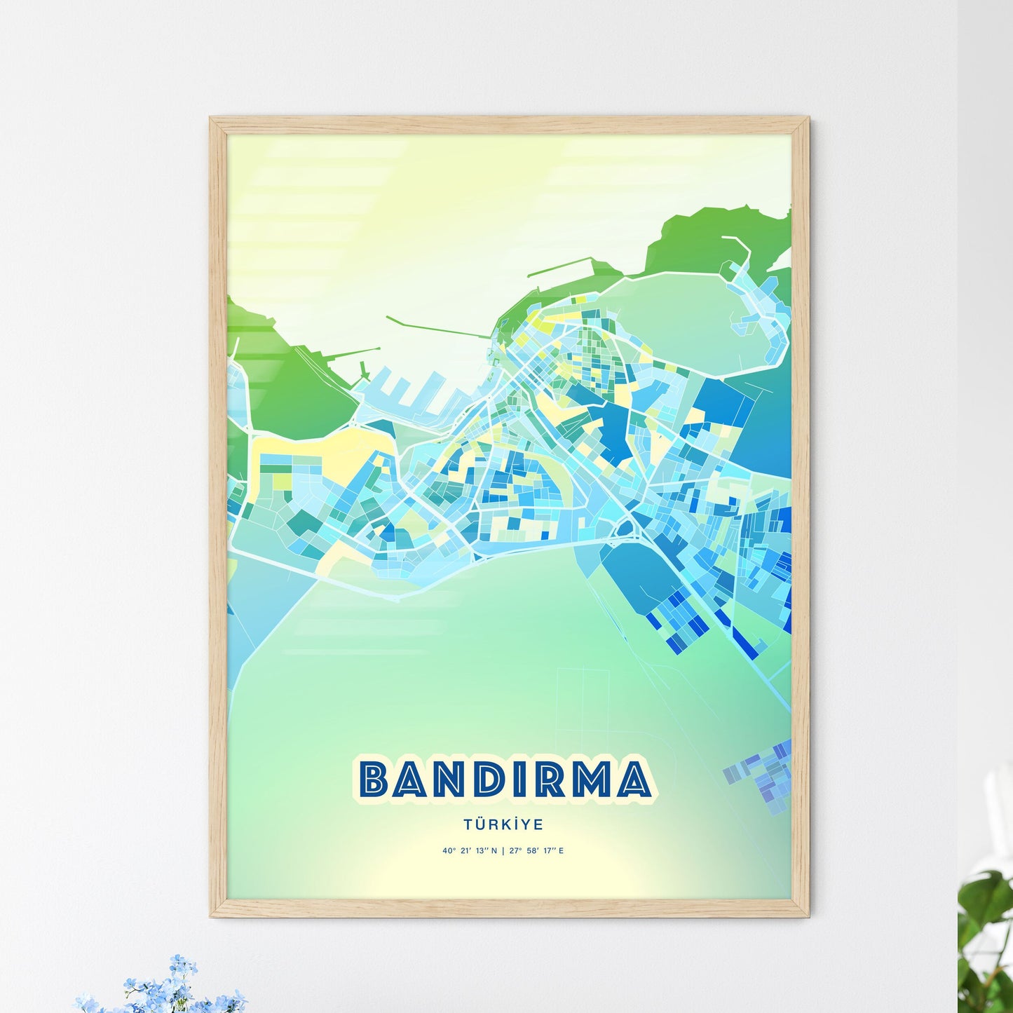 Colorful BANDIRMA TURKEY Fine Art Map Cool Blue