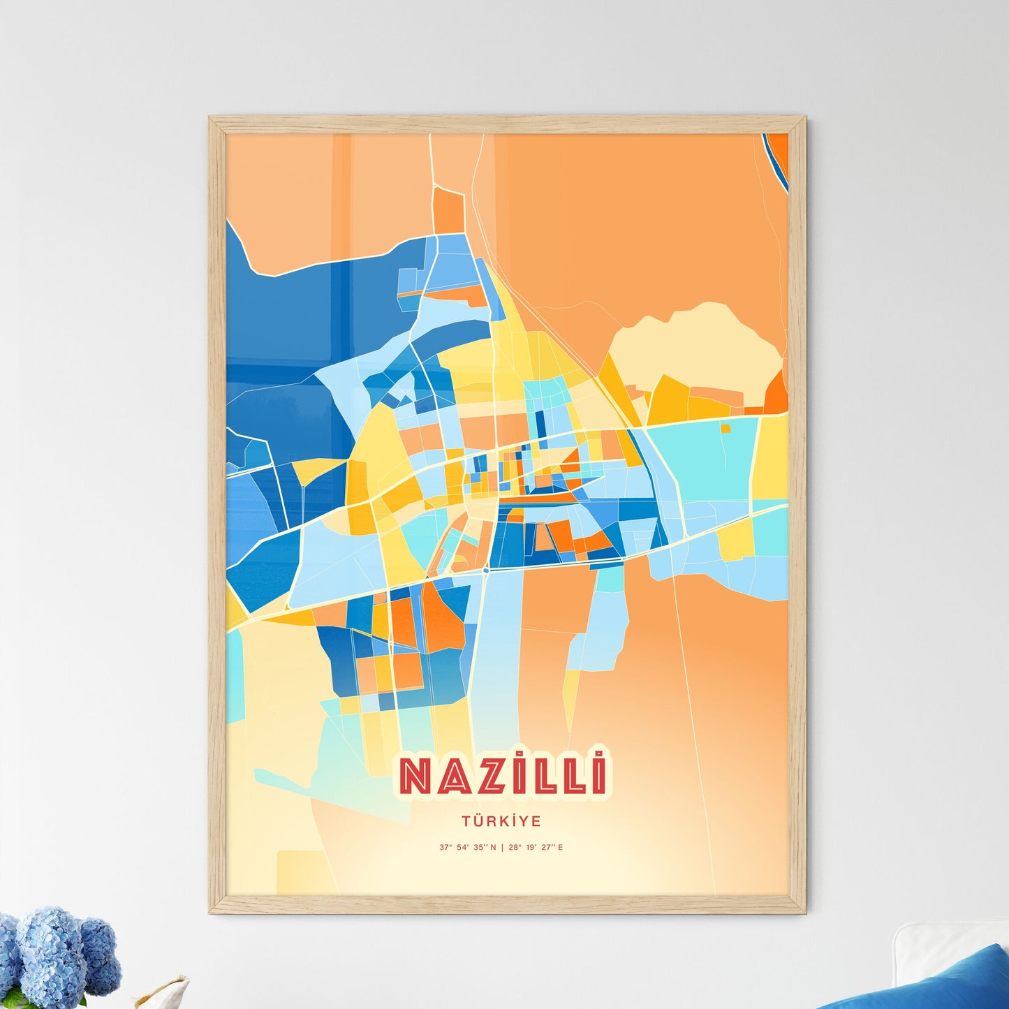 Colorful NAZILLI TURKEY Fine Art Map Blue Orange