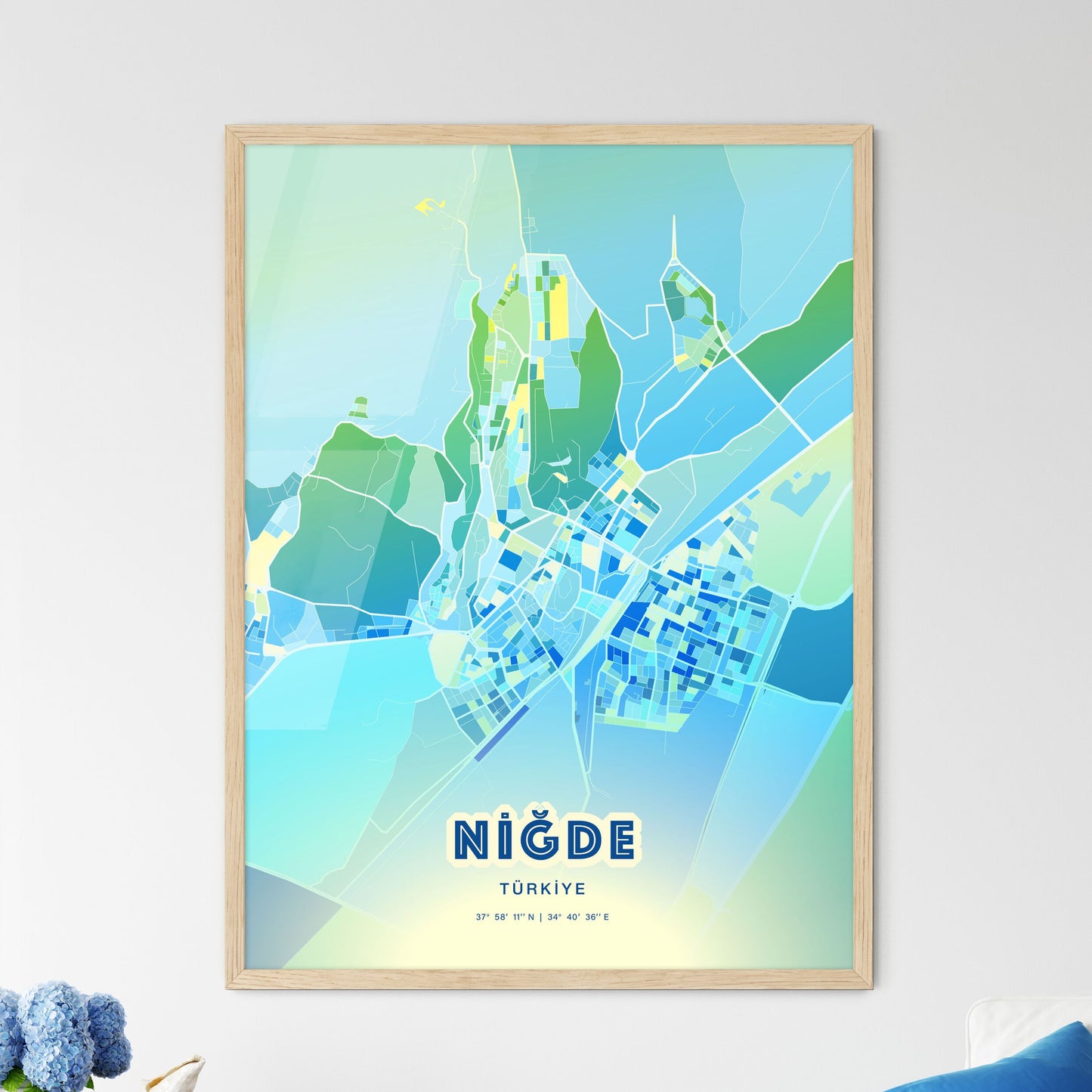 Colorful NIĞDE TURKEY Fine Art Map Cool Blue