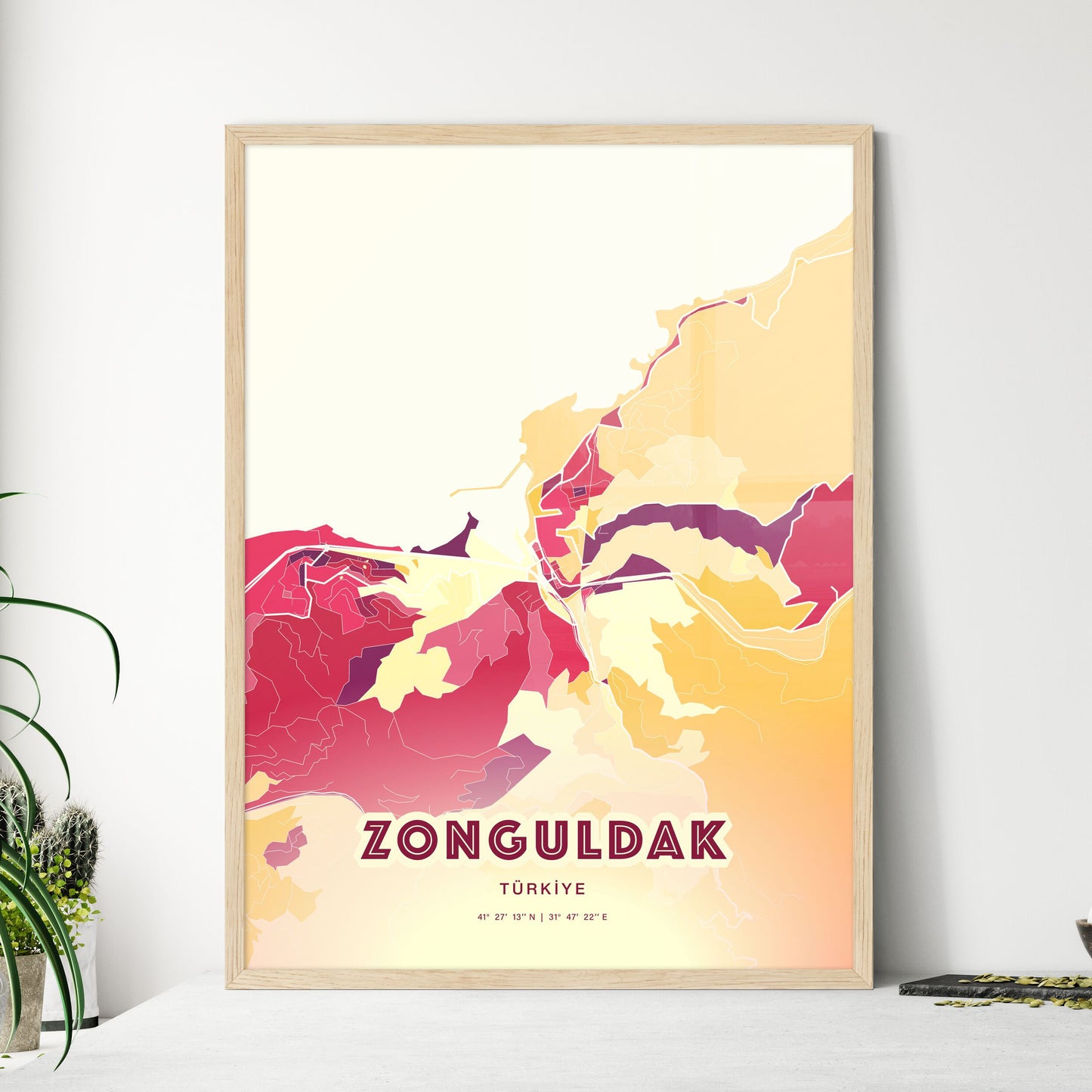 Colorful ZONGULDAK TURKEY Fine Art Map Hot Red