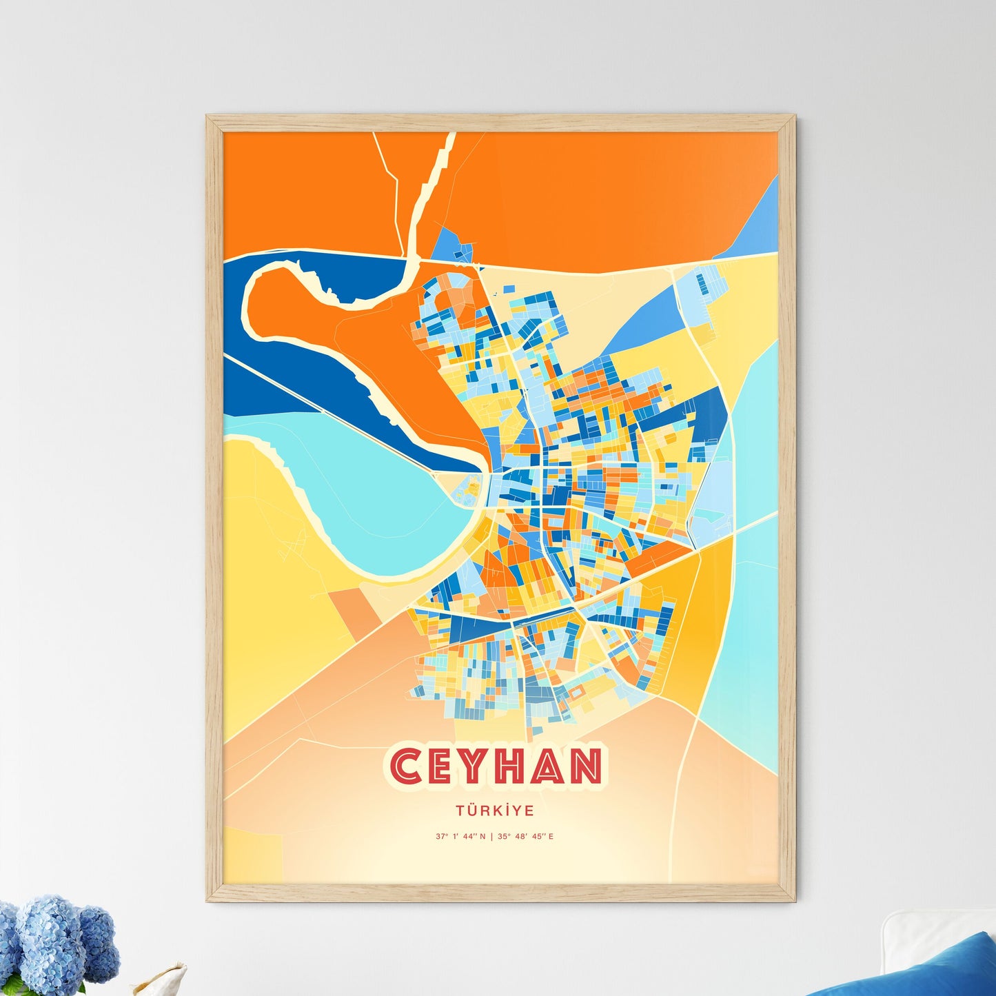 Colorful CEYHAN TURKEY Fine Art Map Blue Orange