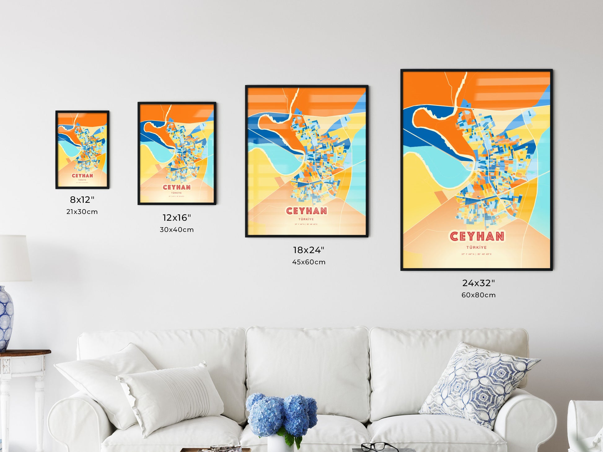 Colorful CEYHAN TURKEY Fine Art Map Blue Orange