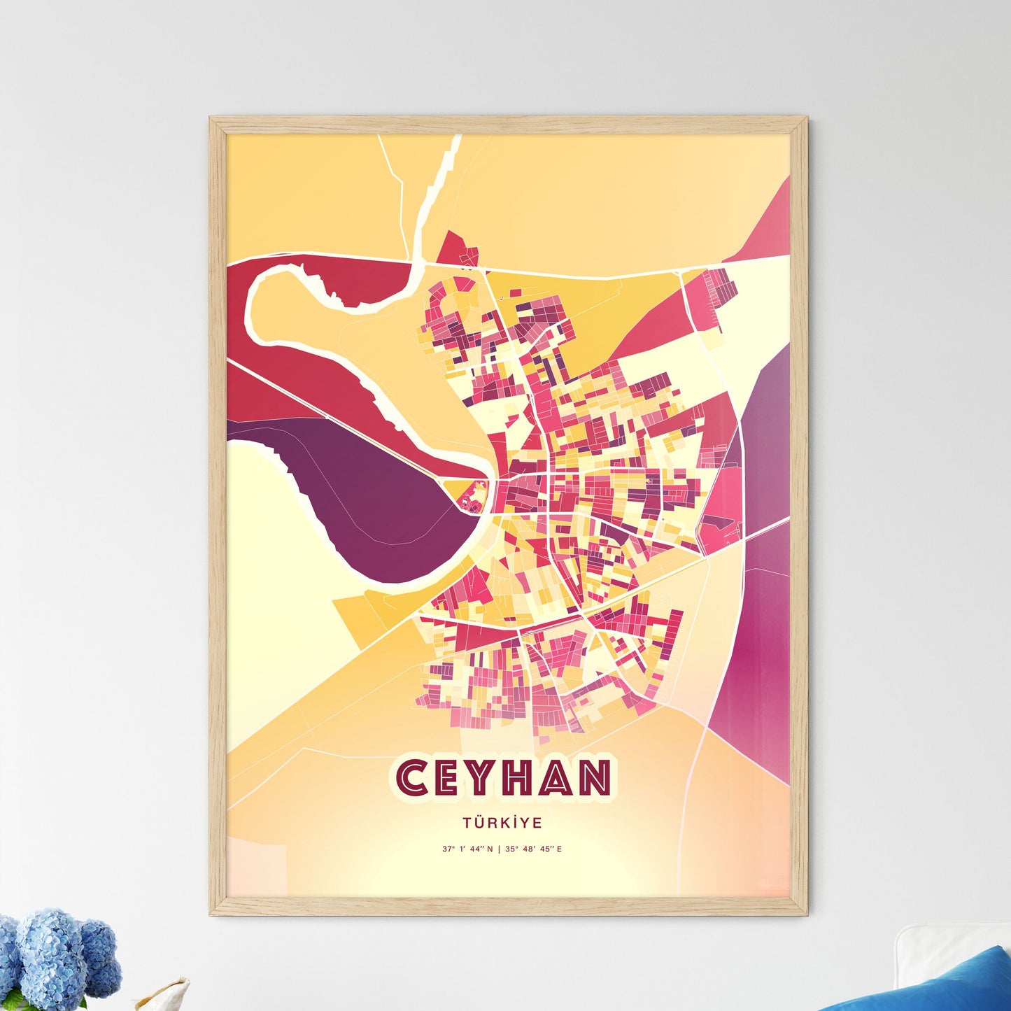 Colorful CEYHAN TURKEY Fine Art Map Hot Red