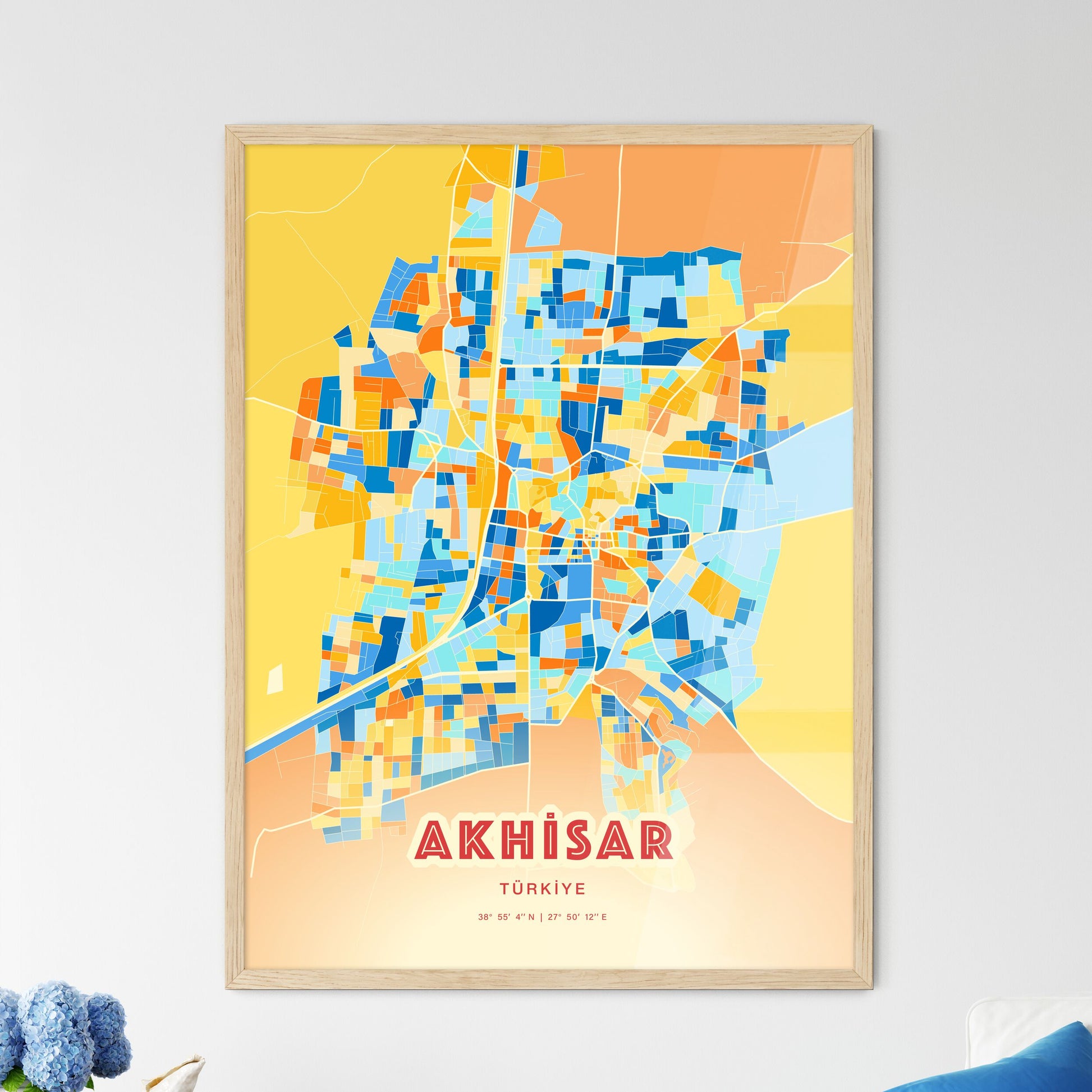 Colorful AKHISAR TURKEY Fine Art Map Blue Orange