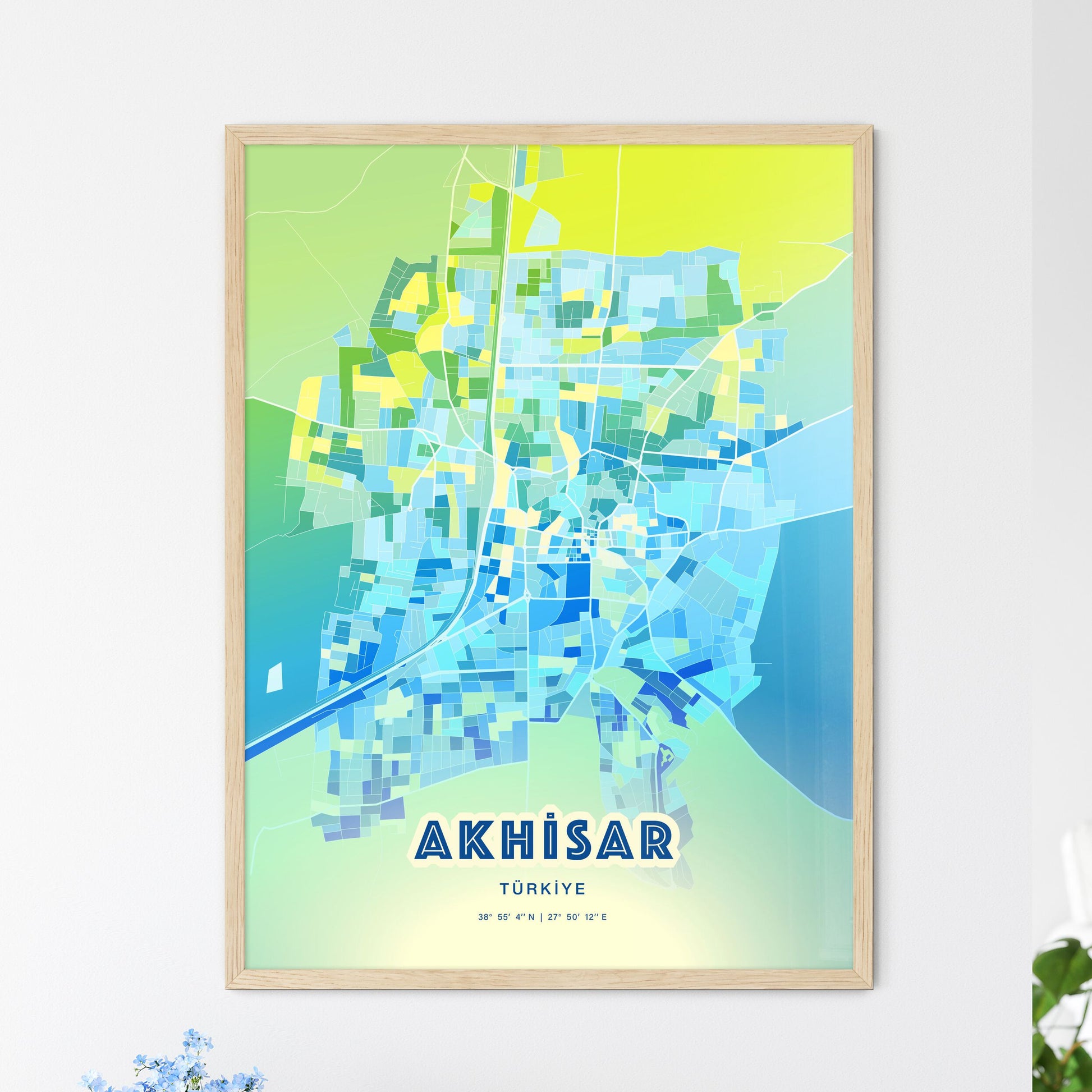 Colorful AKHISAR TURKEY Fine Art Map Cool Blue