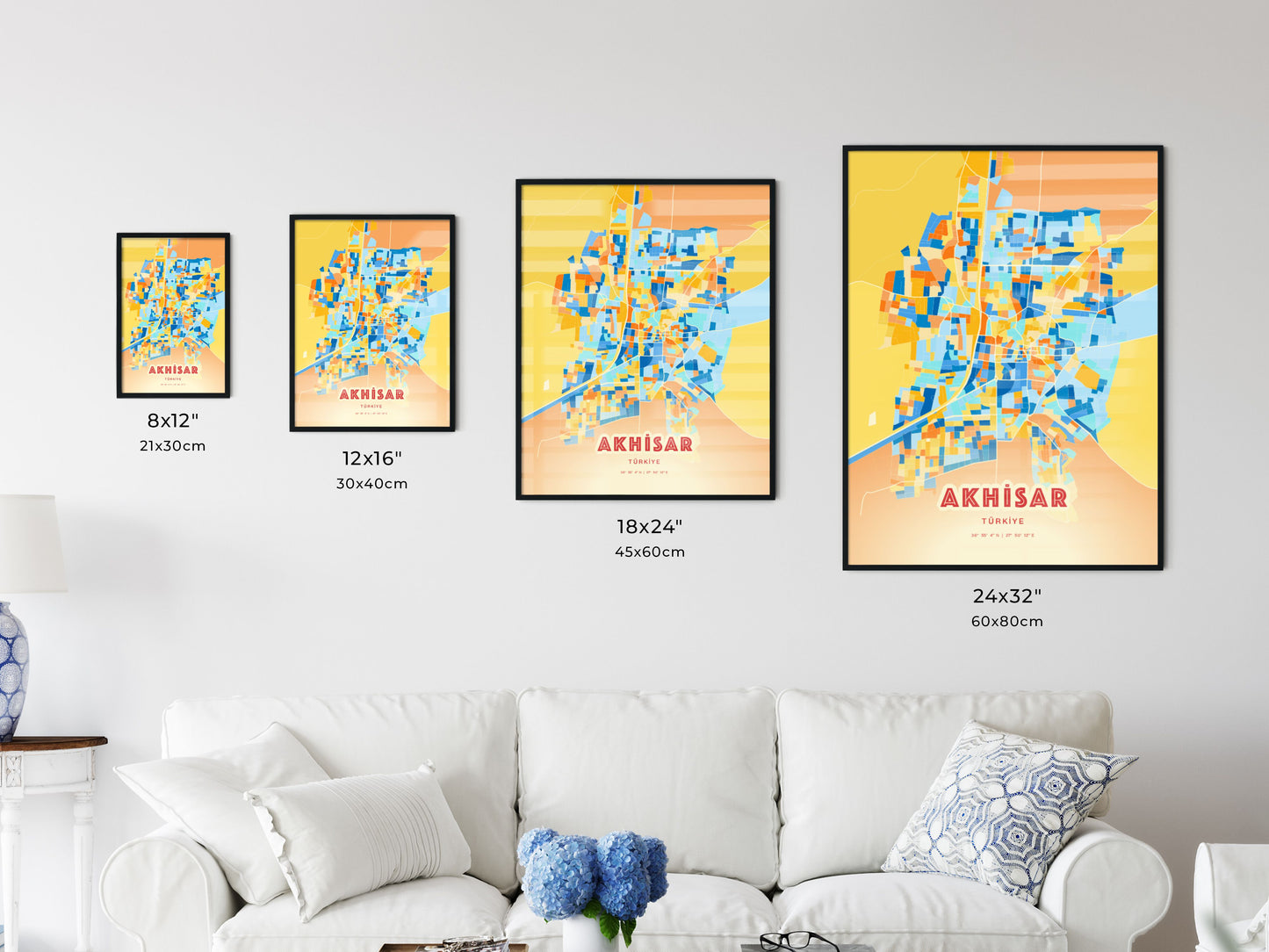 Colorful AKHISAR TURKEY Fine Art Map Blue Orange