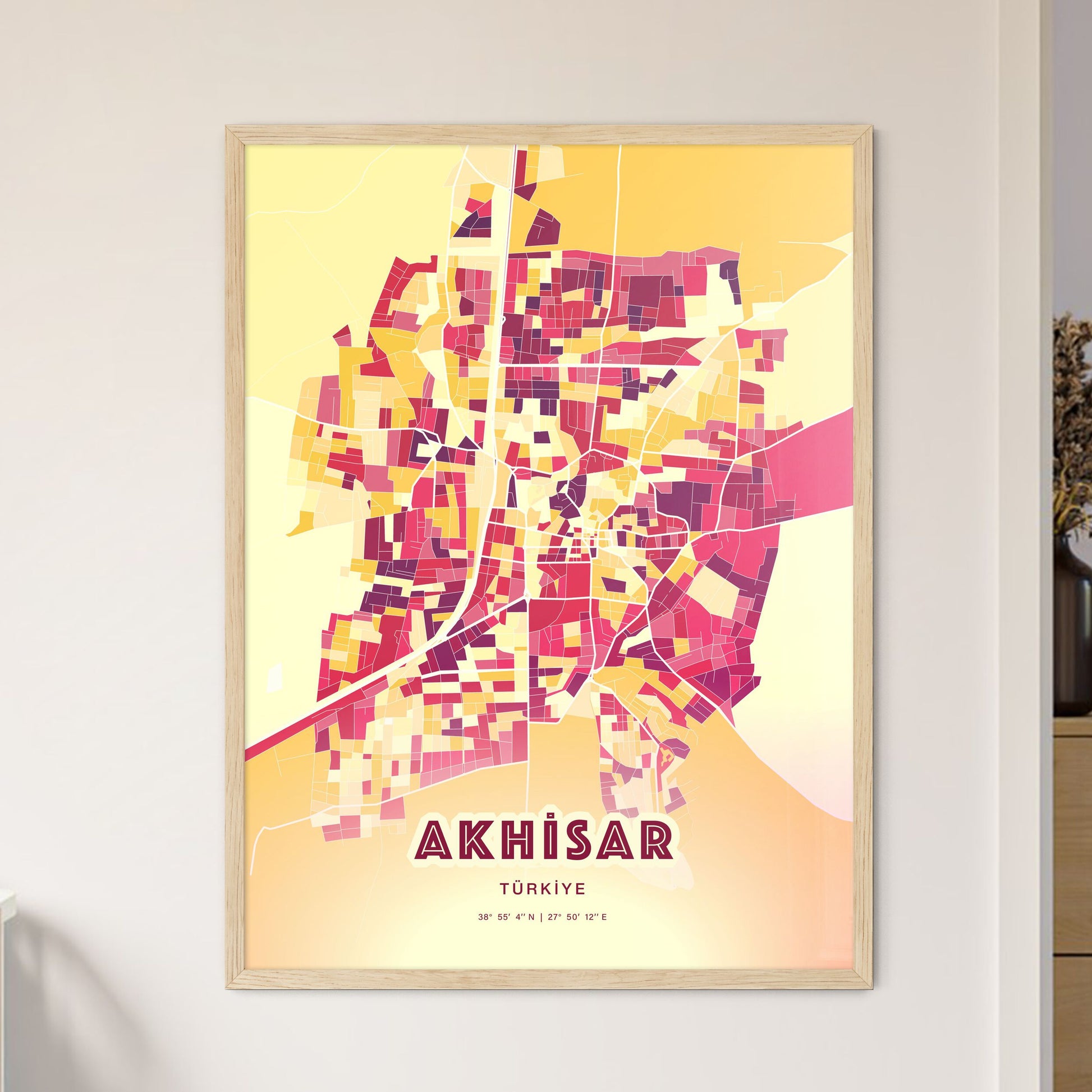 Colorful AKHISAR TURKEY Fine Art Map Hot Red