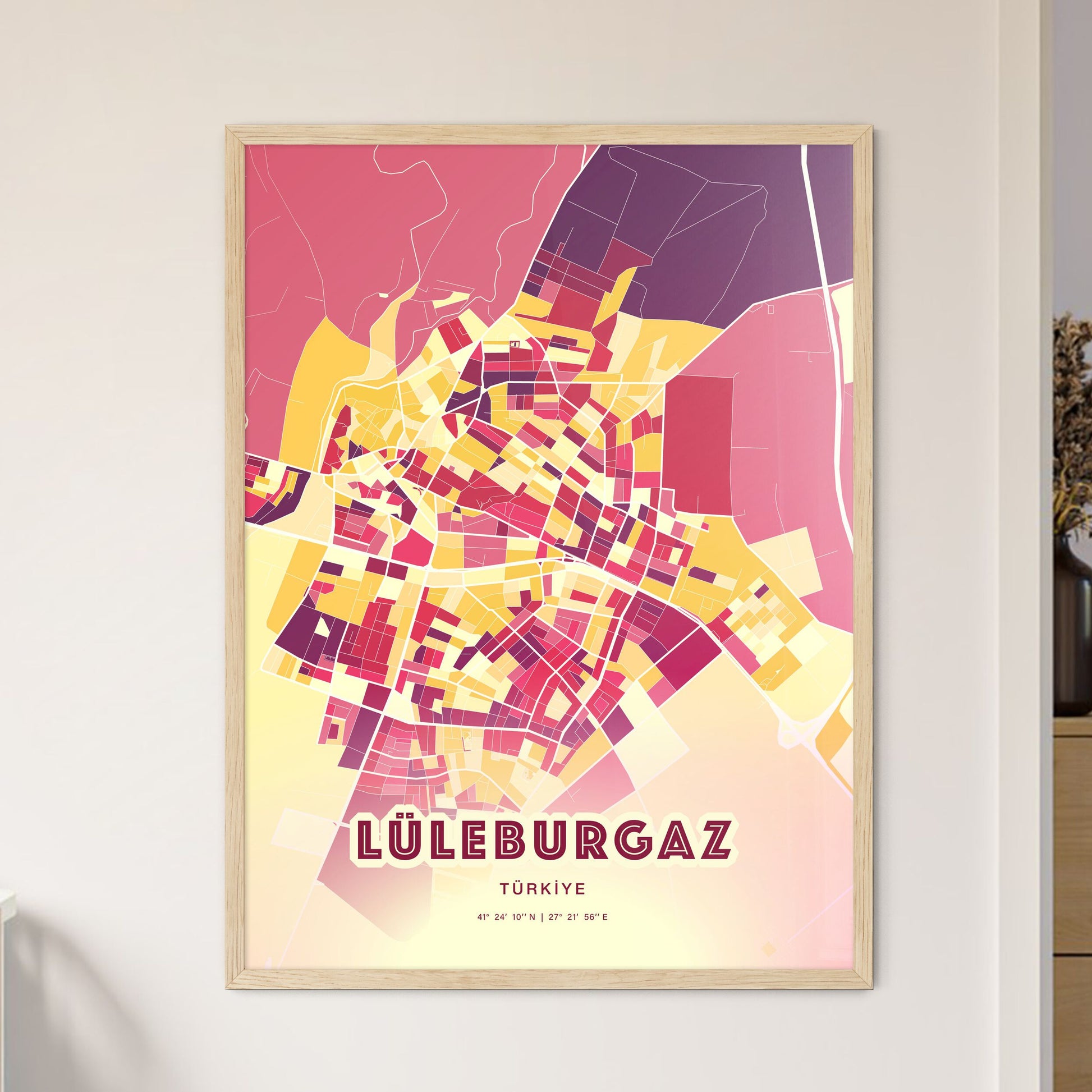 Colorful LÜLEBURGAZ TURKEY Fine Art Map Hot Red