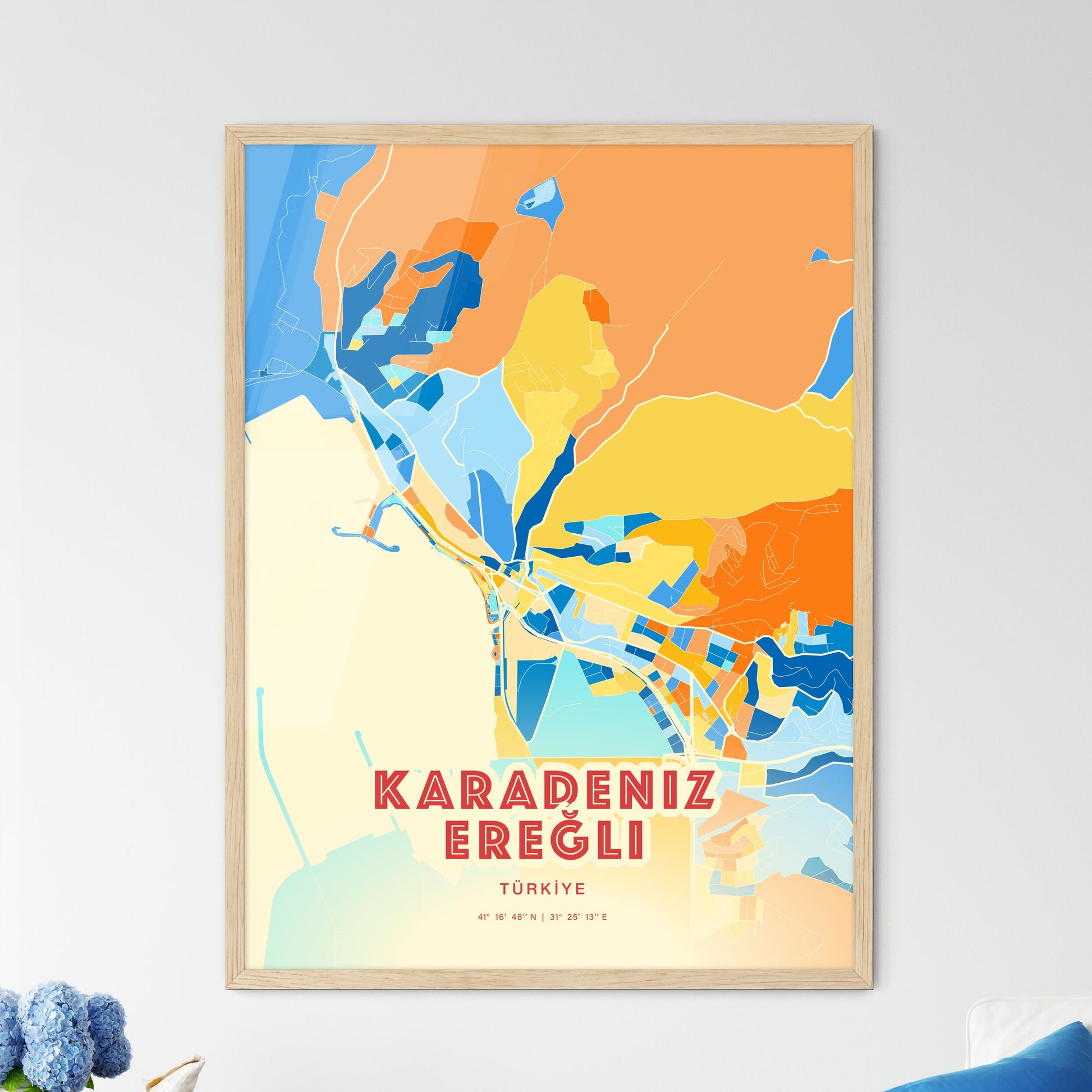 Colorful KARADENIZ EREĞLI TURKEY Fine Art Map Blue Orange