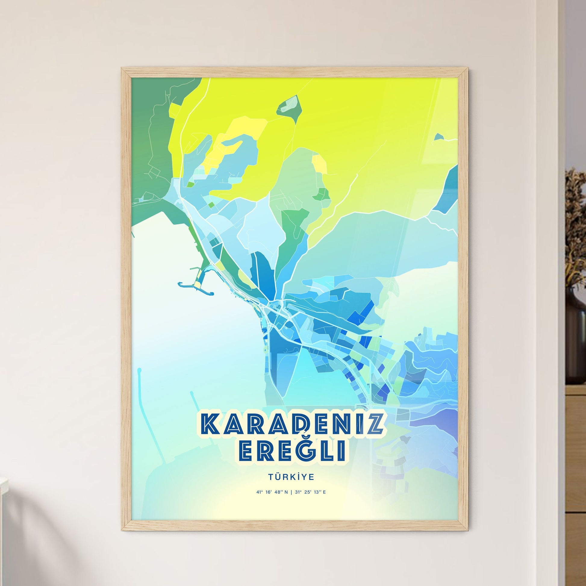 Colorful KARADENIZ EREĞLI TURKEY Fine Art Map Cool Blue