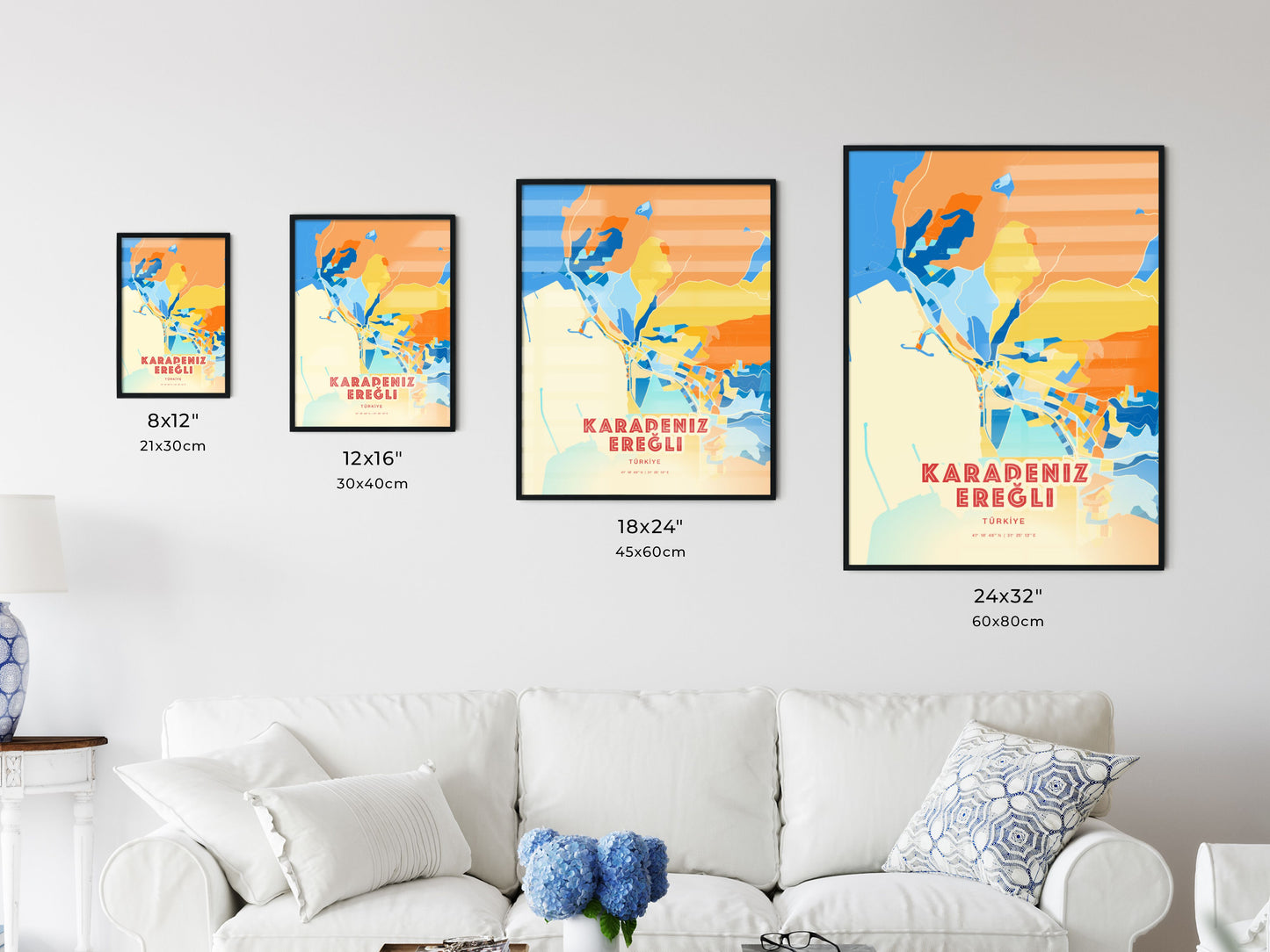 Colorful KARADENIZ EREĞLI TURKEY Fine Art Map Blue Orange