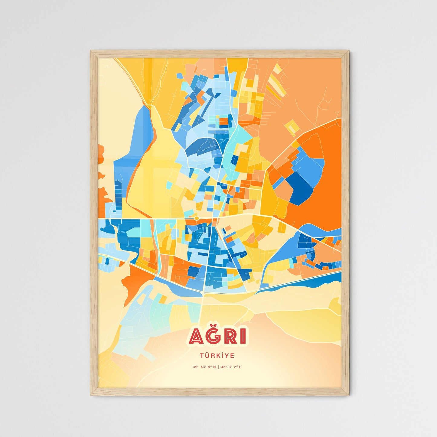 Colorful AĞRI TURKEY Fine Art Map Blue Orange