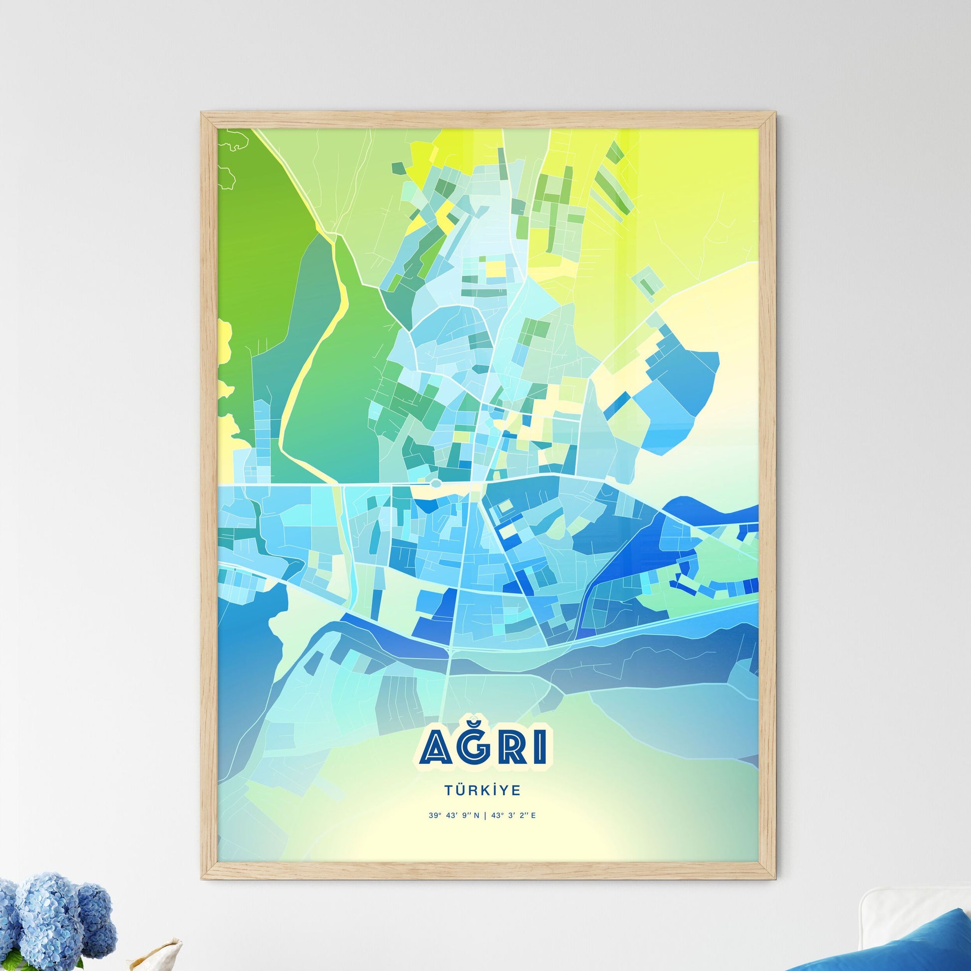 Colorful AĞRI TURKEY Fine Art Map Cool Blue