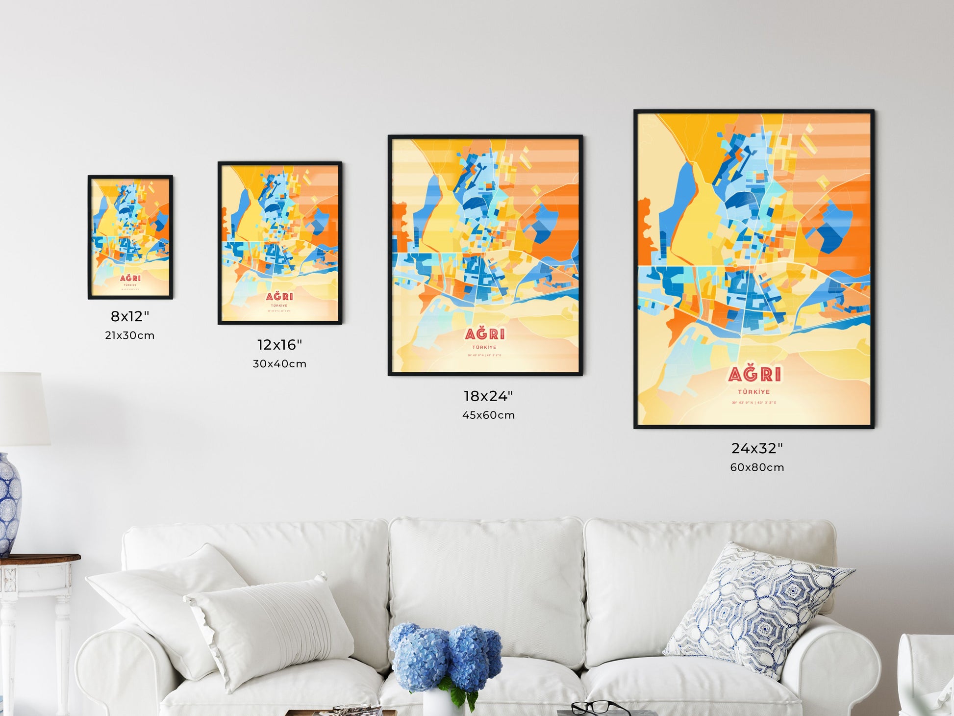 Colorful AĞRI TURKEY Fine Art Map Blue Orange