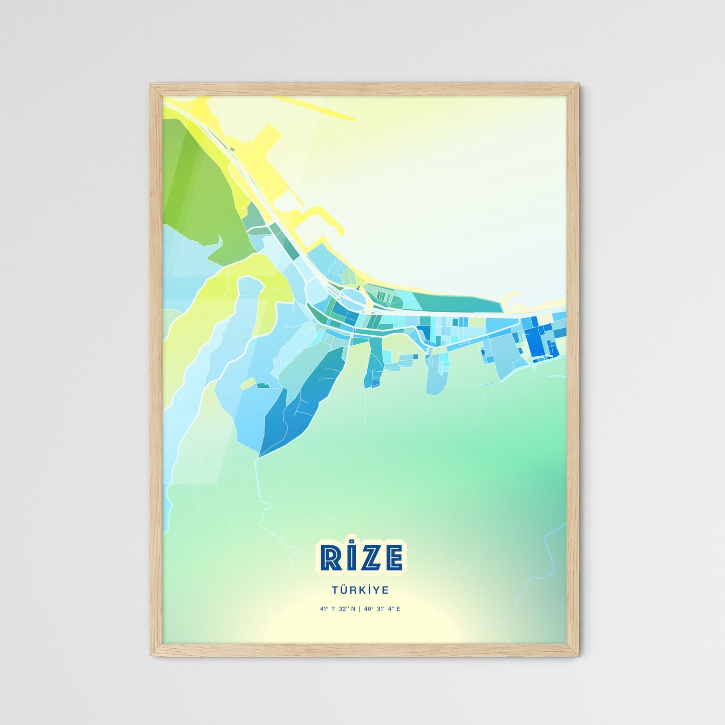 Colorful RIZE TURKEY Fine Art Map Cool Blue