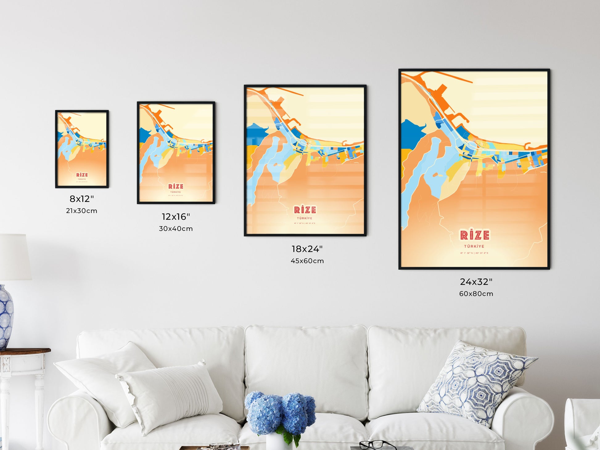 Colorful RIZE TURKEY Fine Art Map Blue Orange