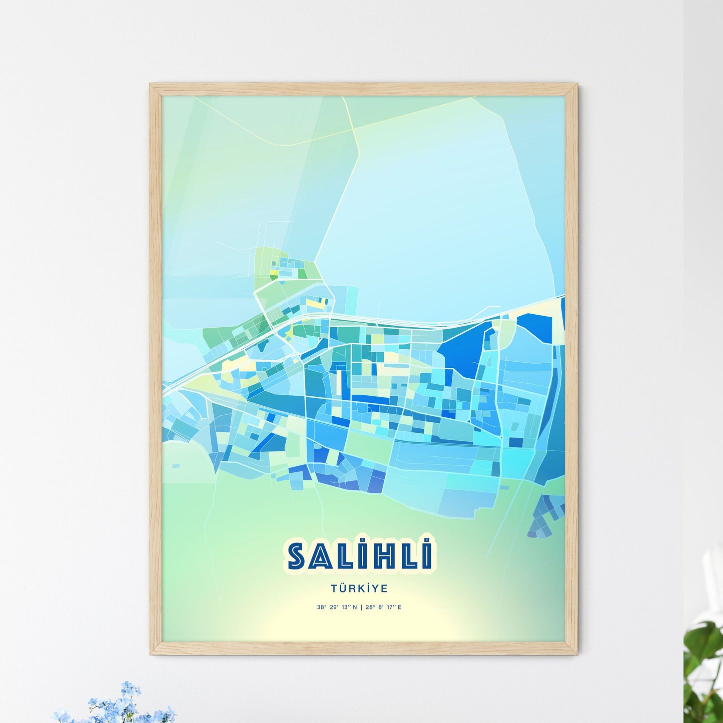 Colorful SALIHLI TURKEY Fine Art Map Cool Blue