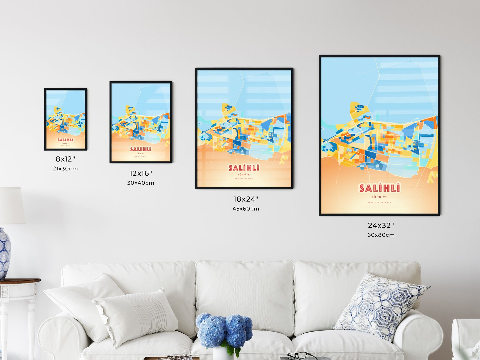 Colorful SALIHLI TURKEY Fine Art Map Blue Orange