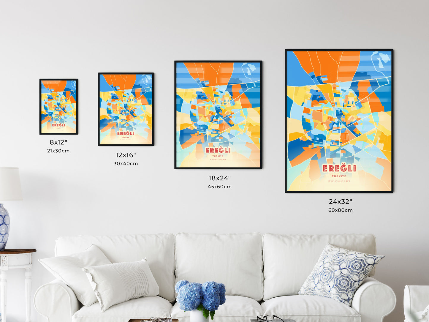 Colorful EREĞLI TURKEY Fine Art Map Blue Orange