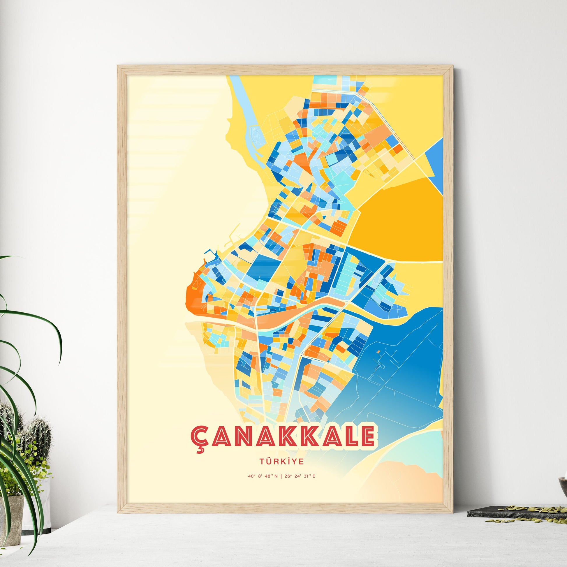 Colorful ÇANAKKALE TURKEY Fine Art Map Blue Orange