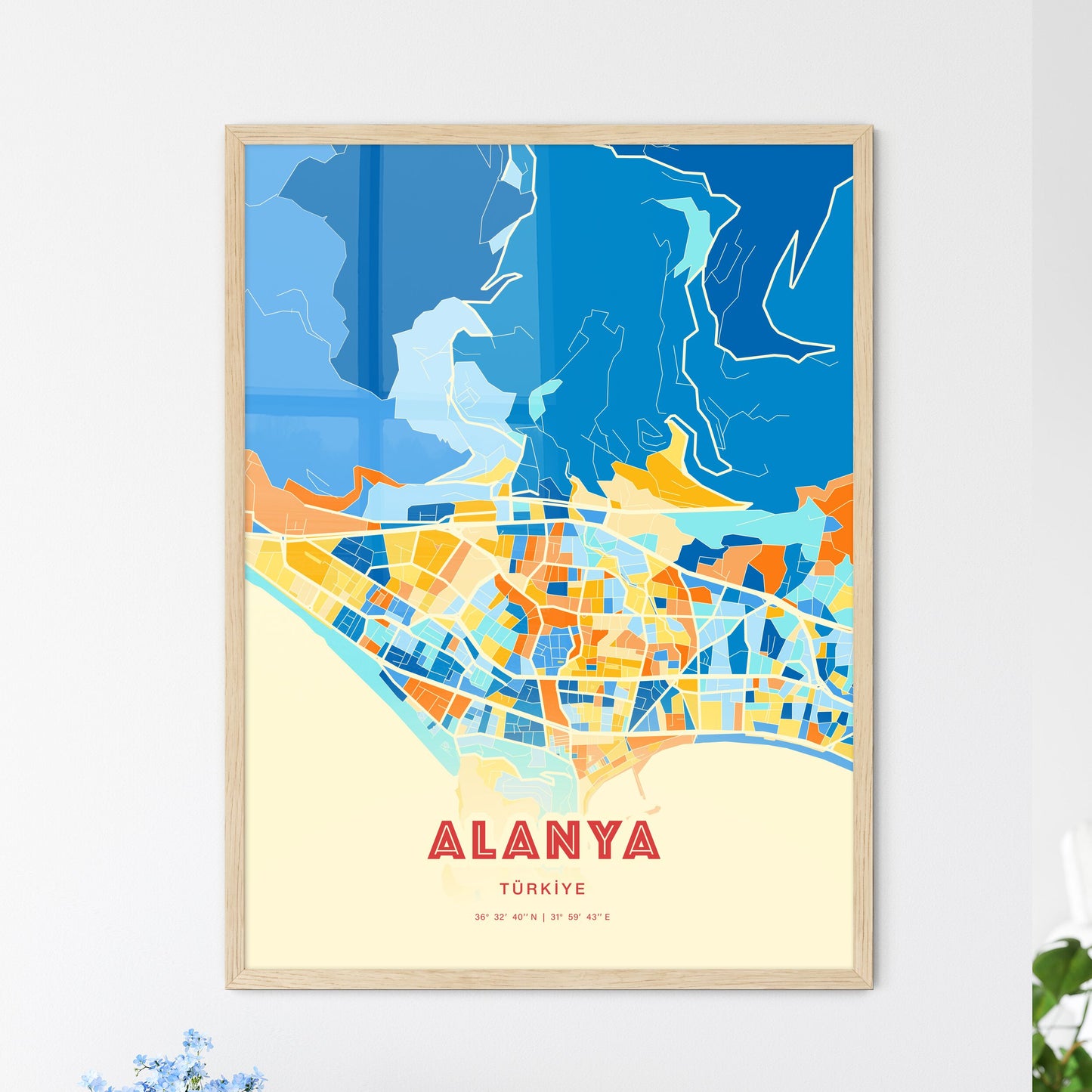 Colorful ALANYA TURKEY Fine Art Map Blue Orange