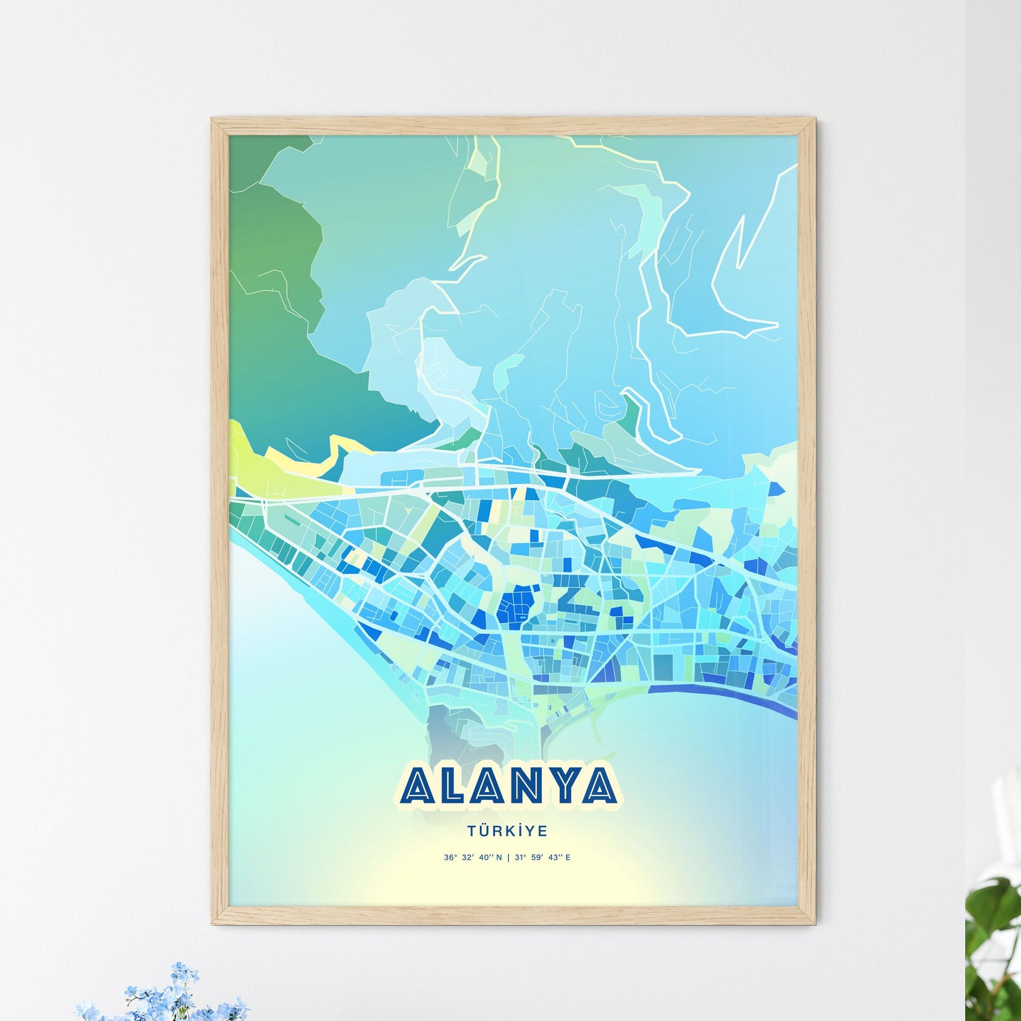 Colorful ALANYA TURKEY Fine Art Map Cool Blue